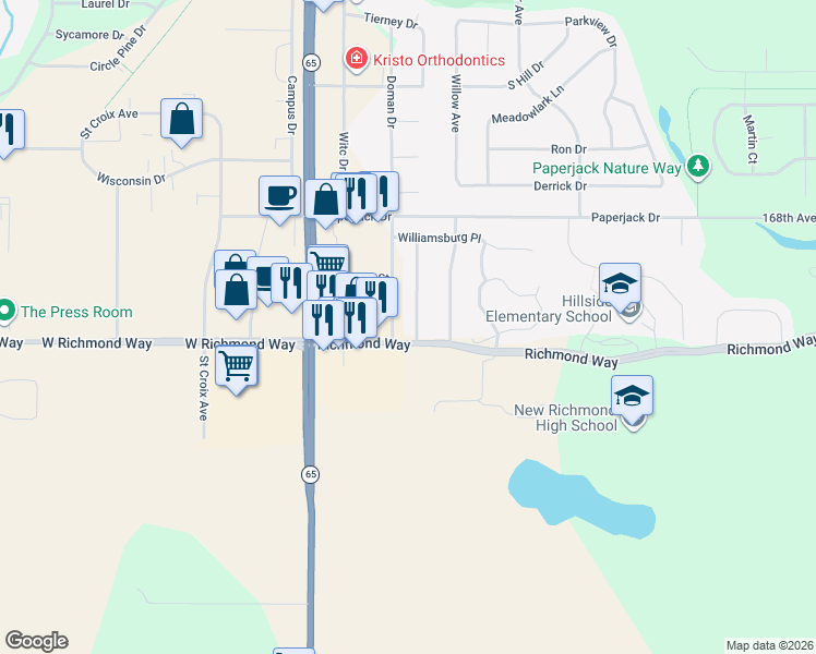 map of restaurants, bars, coffee shops, grocery stores, and more near 1627 Gunston Drive in New Richmond