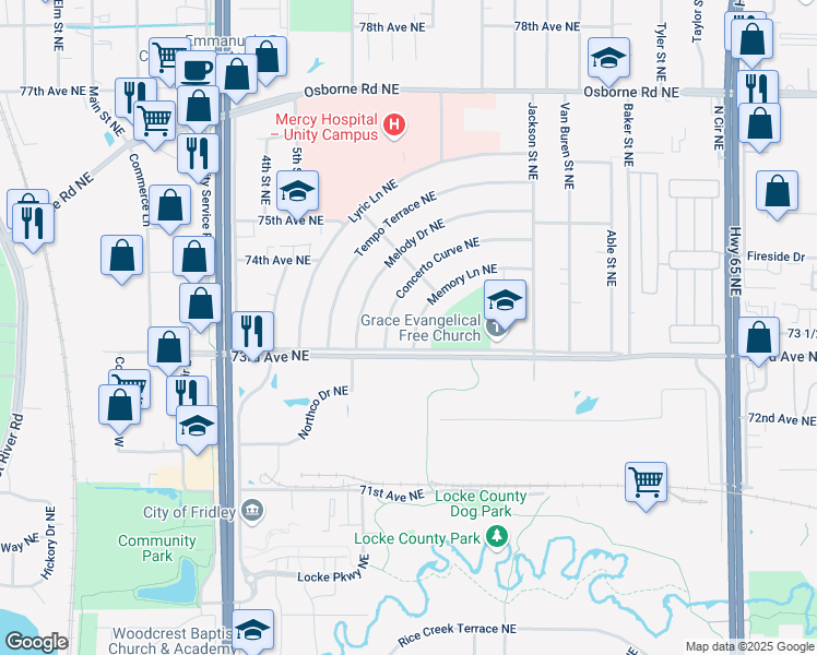 map of restaurants, bars, coffee shops, grocery stores, and more near 7320 Memory Lane Northeast in Fridley