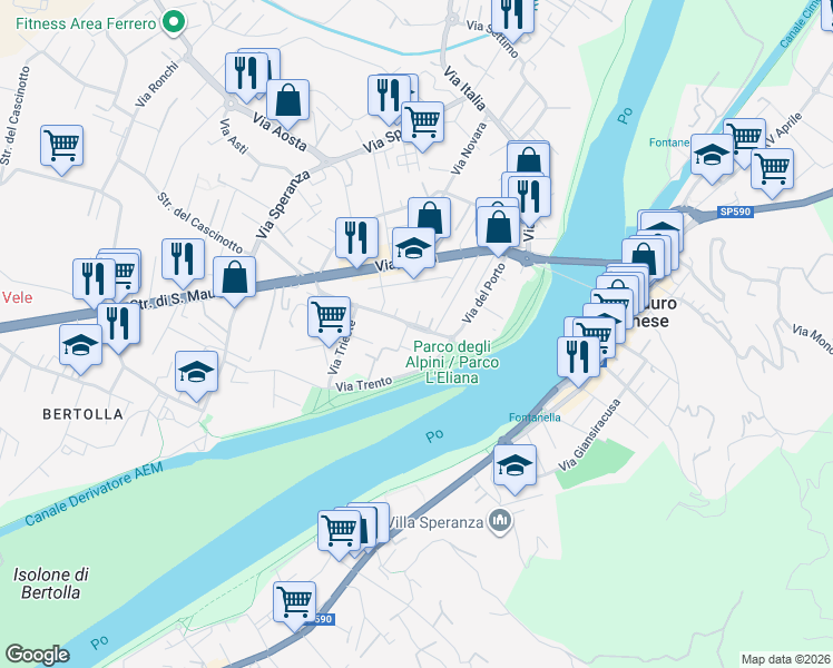 map of restaurants, bars, coffee shops, grocery stores, and more near 32/A Via del Porto in San Mauro Torinese