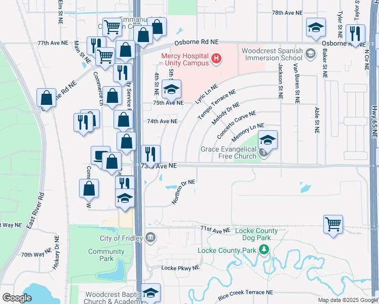map of restaurants, bars, coffee shops, grocery stores, and more near 7321 Tempo Terrace Northeast in Fridley