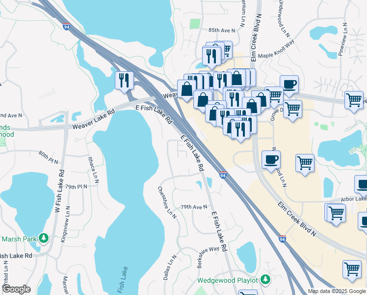 map of restaurants, bars, coffee shops, grocery stores, and more near in Maple Grove