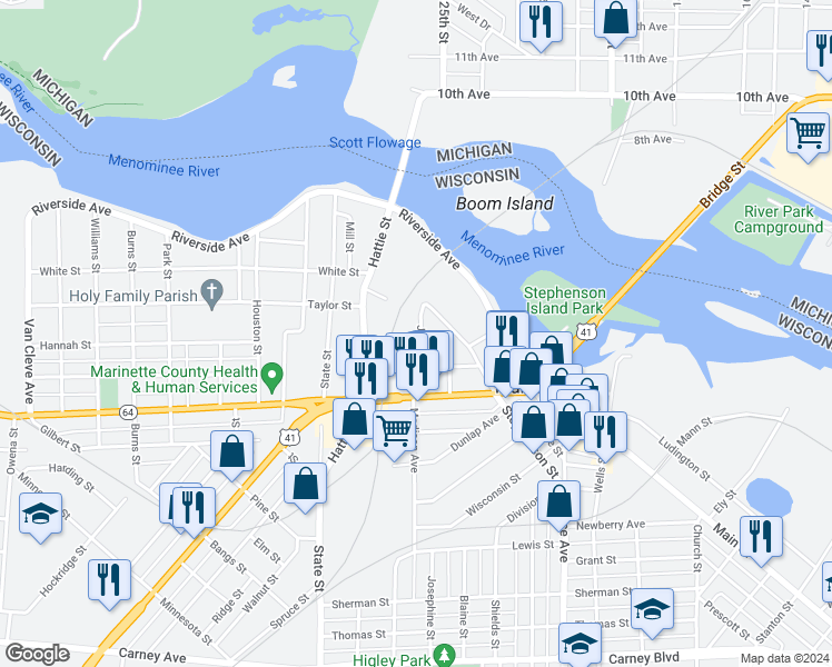 map of restaurants, bars, coffee shops, grocery stores, and more near 2102 Fred Street in Marinette