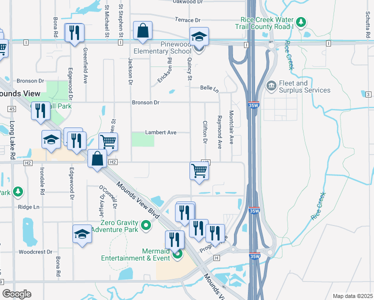 map of restaurants, bars, coffee shops, grocery stores, and more near 5324 Quincy Street in Mounds View