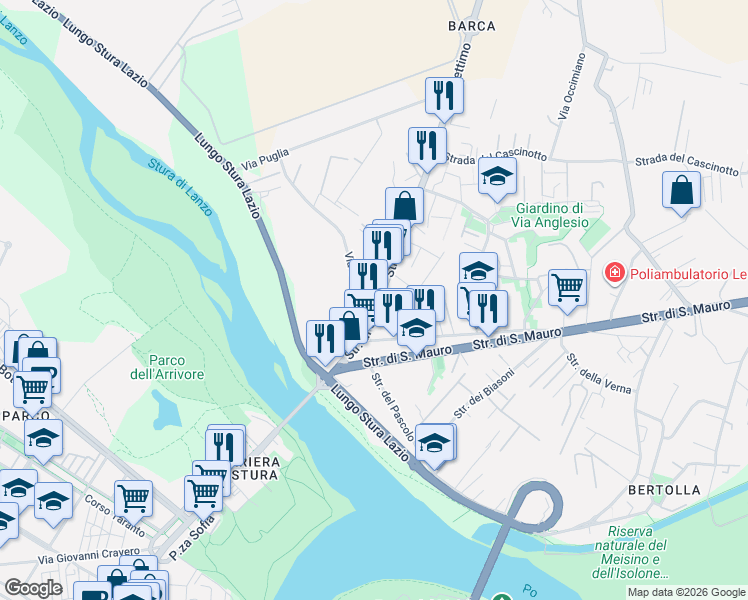 map of restaurants, bars, coffee shops, grocery stores, and more near 85 Strada Settimo in Turin