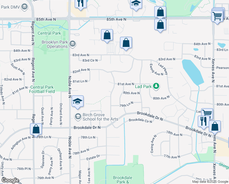 map of restaurants, bars, coffee shops, grocery stores, and more near 8016 June Avenue North in Minneapolis