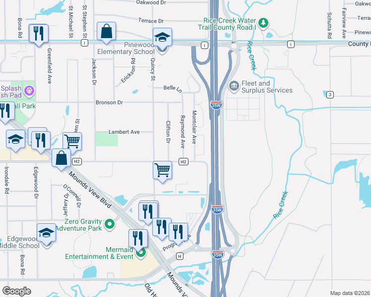 map of restaurants, bars, coffee shops, grocery stores, and more near 1013 Montclair Avenue in Mounds View