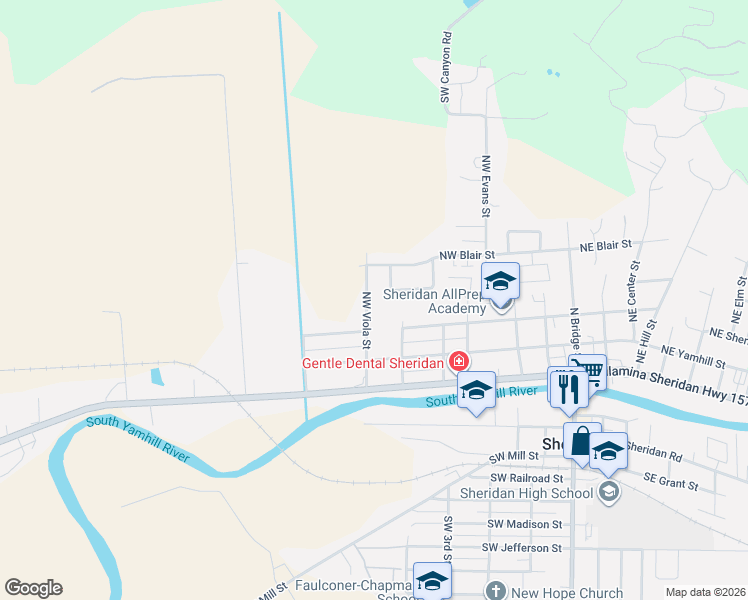 map of restaurants, bars, coffee shops, grocery stores, and more near 405 Northwest Viola Street in Sheridan
