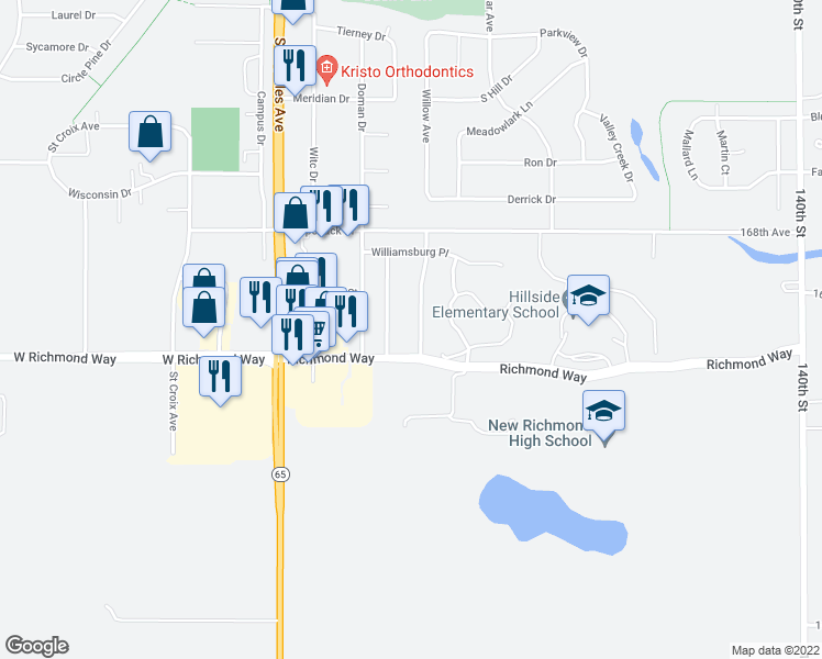 map of restaurants, bars, coffee shops, grocery stores, and more near 1637 Charleston Drive in New Richmond
