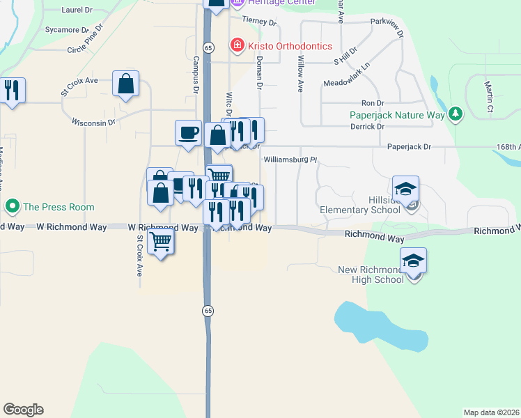 map of restaurants, bars, coffee shops, grocery stores, and more near 1533 Doman Drive in New Richmond