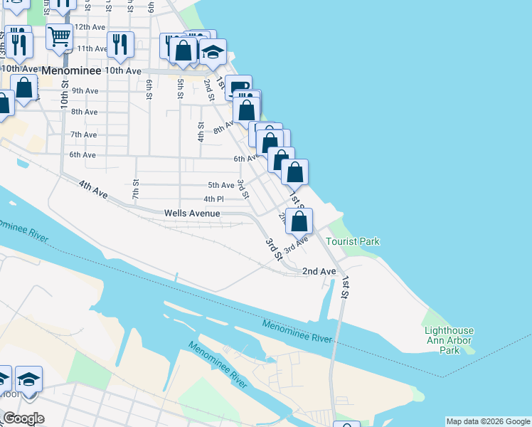 map of restaurants, bars, coffee shops, grocery stores, and more near 219 4th Avenue in Menominee