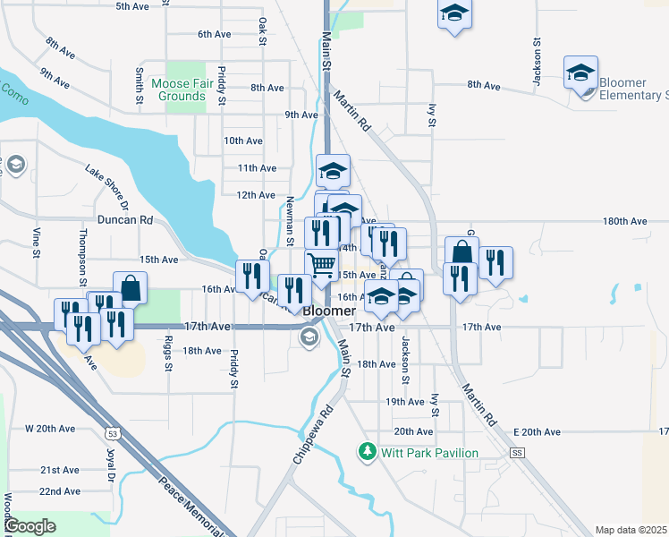 map of restaurants, bars, coffee shops, grocery stores, and more near 1210 14th Avenue in Bloomer