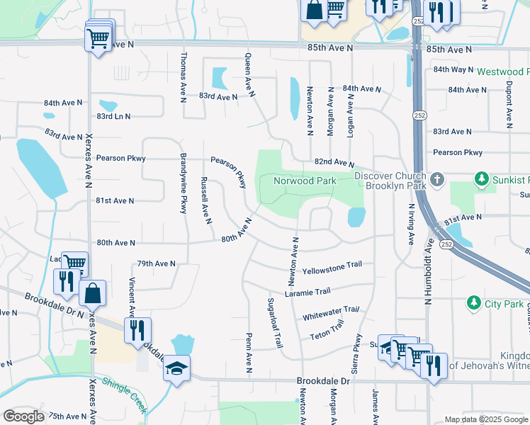 map of restaurants, bars, coffee shops, grocery stores, and more near 2224 Pearson Parkway in Minneapolis
