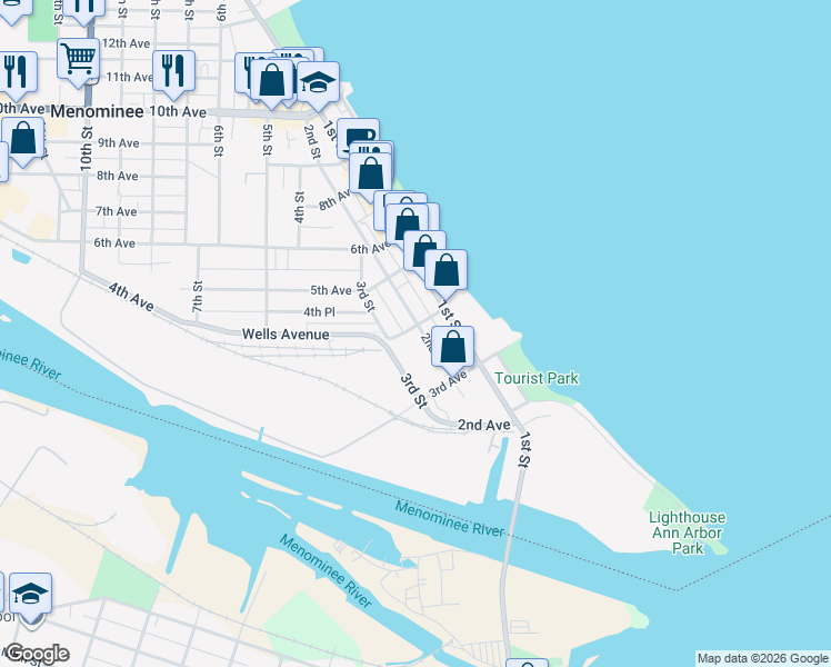 map of restaurants, bars, coffee shops, grocery stores, and more near 219 4th Avenue in Menominee