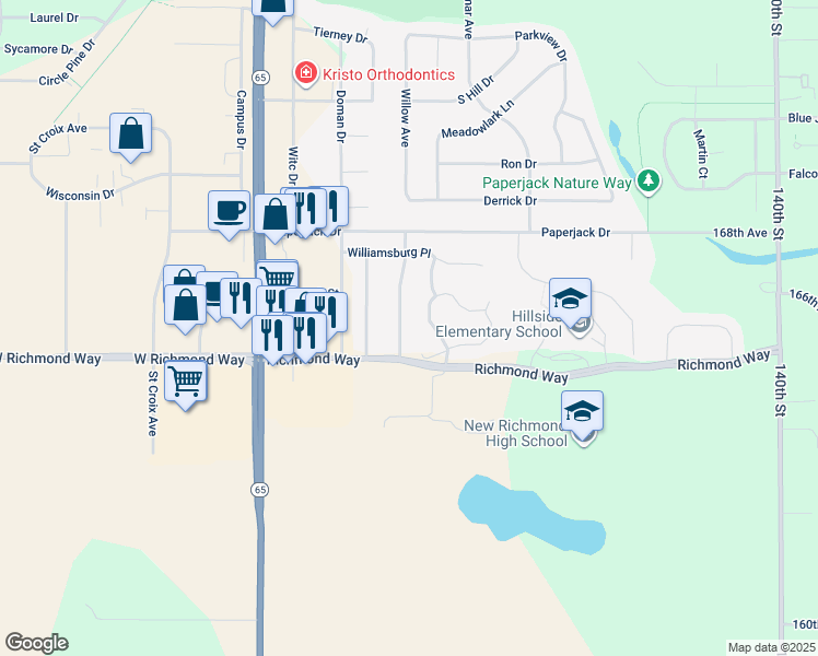 map of restaurants, bars, coffee shops, grocery stores, and more near 1630 Charleston Drive in New Richmond