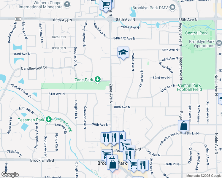 map of restaurants, bars, coffee shops, grocery stores, and more near 8112 Zane Ave N in Brooklyn Park