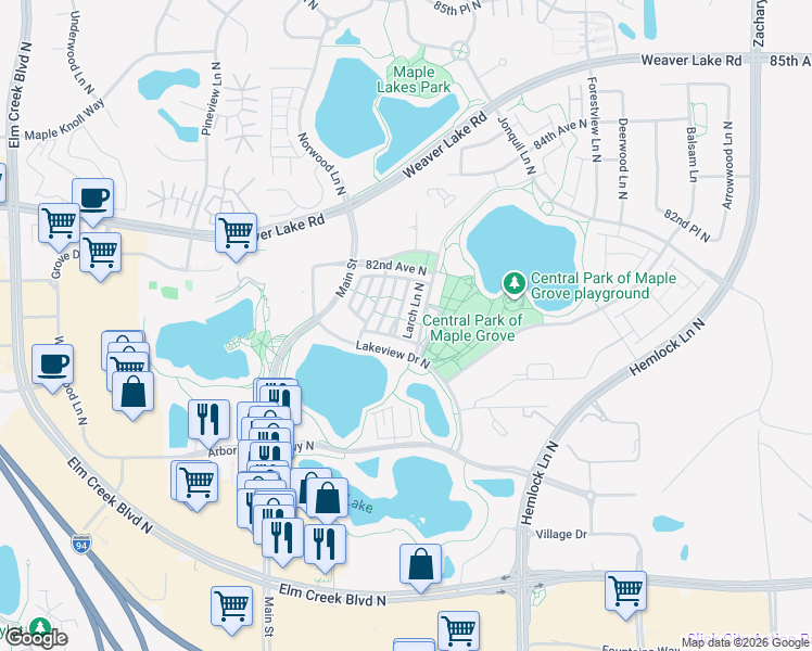 map of restaurants, bars, coffee shops, grocery stores, and more near 8052 Magnolia Lane North in Maple Grove