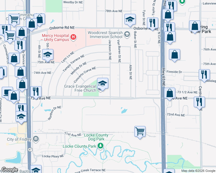 map of restaurants, bars, coffee shops, grocery stores, and more near 7340 Jackson Street Northeast in Fridley