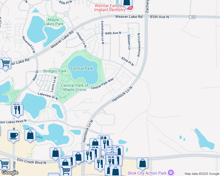 map of restaurants, bars, coffee shops, grocery stores, and more near 8026 Forestview Lane North in Maple Grove