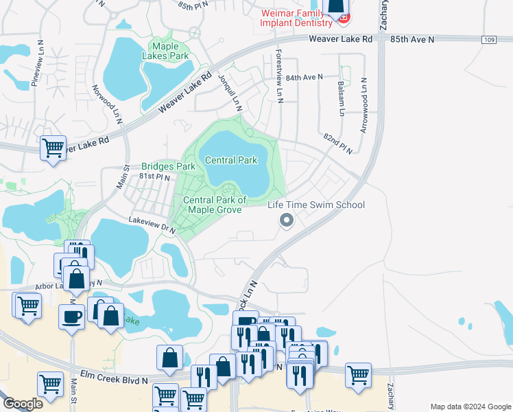 map of restaurants, bars, coffee shops, grocery stores, and more near Central Park Way in Maple Grove