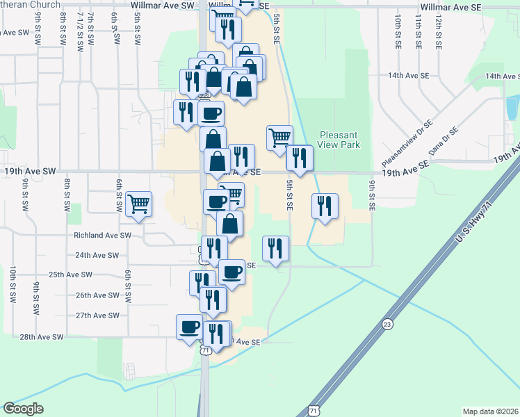 map of restaurants, bars, coffee shops, grocery stores, and more near 5th Street Southeast in Willmar