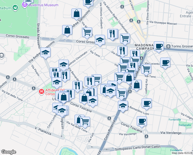 map of restaurants, bars, coffee shops, grocery stores, and more near 73/A Via Lucento in Torino