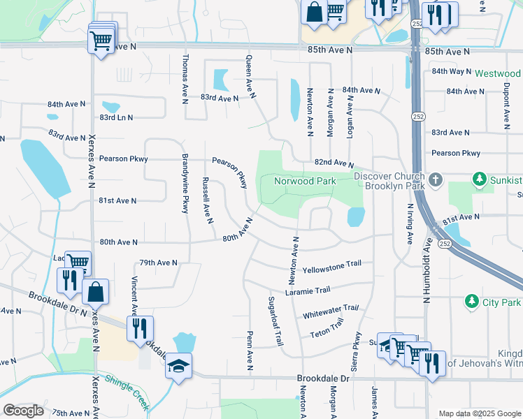 map of restaurants, bars, coffee shops, grocery stores, and more near 2224 Pearson Parkway in Minneapolis
