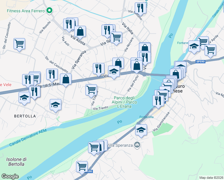 map of restaurants, bars, coffee shops, grocery stores, and more near 32 Via del Porto in San Mauro Torinese