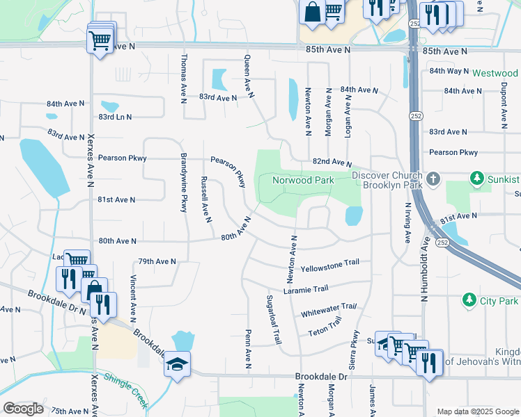 map of restaurants, bars, coffee shops, grocery stores, and more near 2224 Pearson Parkway in Minneapolis