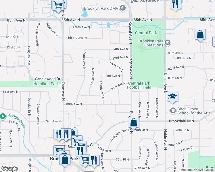 map of restaurants, bars, coffee shops, grocery stores, and more near 5302 81st Avenue North in Minneapolis