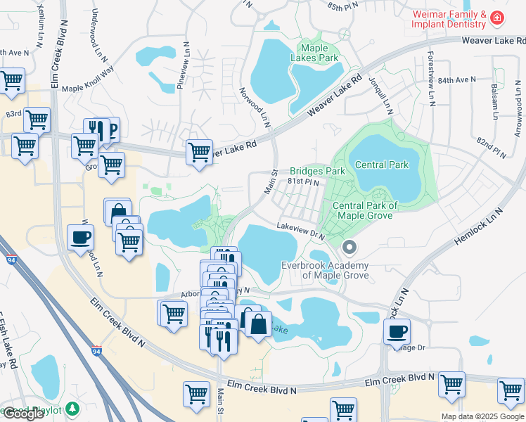 map of restaurants, bars, coffee shops, grocery stores, and more near 8100 Main Street in Maple Grove