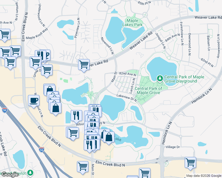 map of restaurants, bars, coffee shops, grocery stores, and more near 8100 Main Street in Maple Grove