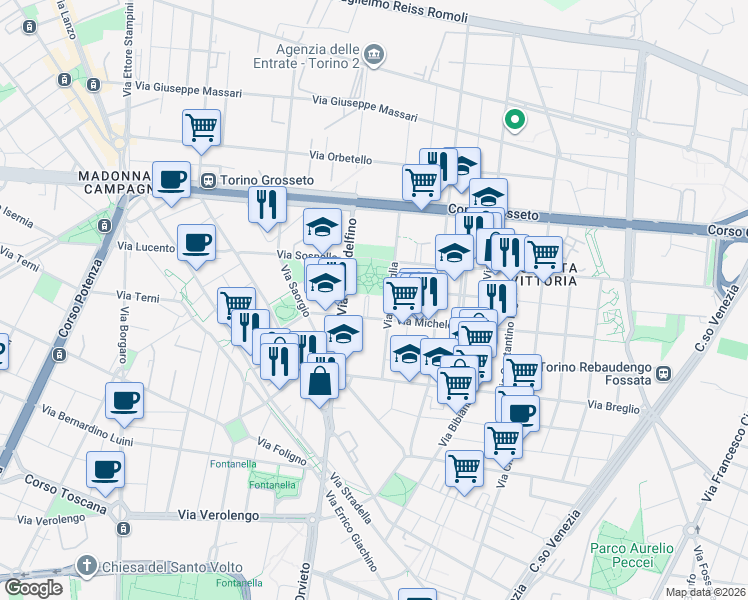 map of restaurants, bars, coffee shops, grocery stores, and more near 138/10 Via Michele Coppino in Torino