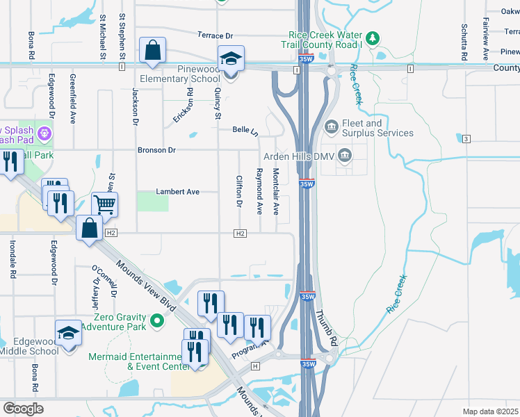 map of restaurants, bars, coffee shops, grocery stores, and more near 5312 Raymond Avenue in Mounds View