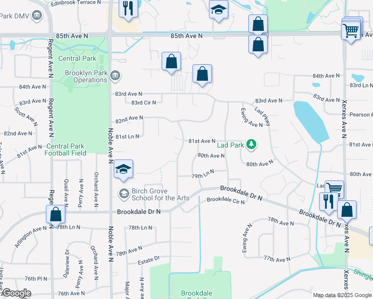 map of restaurants, bars, coffee shops, grocery stores, and more near 8016 June Avenue North in Minneapolis