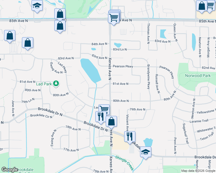 map of restaurants, bars, coffee shops, grocery stores, and more near 3029 81st Avenue North in Brooklyn Park