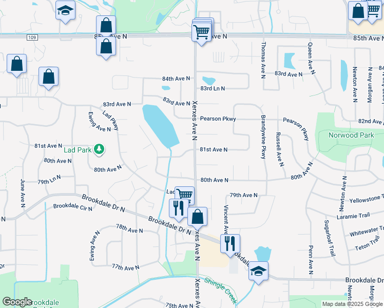 map of restaurants, bars, coffee shops, grocery stores, and more near 3029 81st Avenue North in Brooklyn Park