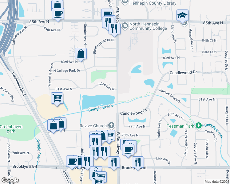 map of restaurants, bars, coffee shops, grocery stores, and more near in Brooklyn Park