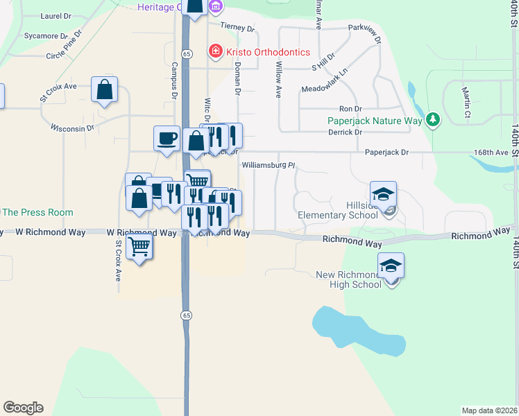 map of restaurants, bars, coffee shops, grocery stores, and more near 1627 Gunston Drive in New Richmond