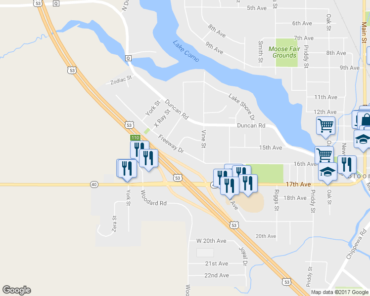 map of restaurants, bars, coffee shops, grocery stores, and more near 2229 Freeway Dr in Bloomer