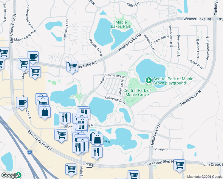 map of restaurants, bars, coffee shops, grocery stores, and more near 8100 Main Street in Maple Grove