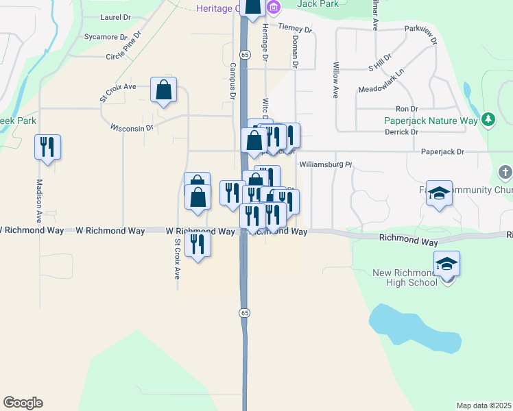 map of restaurants, bars, coffee shops, grocery stores, and more near 1621C Dorset Lane in New Richmond