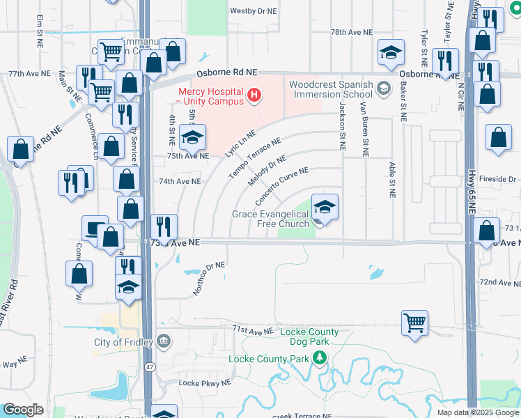 map of restaurants, bars, coffee shops, grocery stores, and more near 7351 Concerto Curve Northeast in Fridley