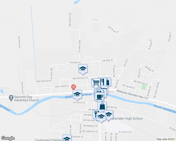 map of restaurants, bars, coffee shops, grocery stores, and more near 365 NW Lincoln St in Sheridan