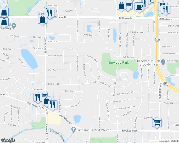 map of restaurants, bars, coffee shops, grocery stores, and more near 2441 Gunflint Trail in Minneapolis