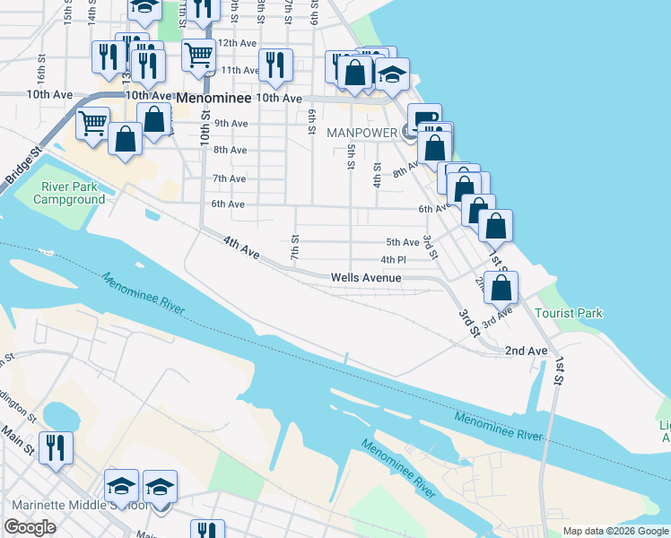 map of restaurants, bars, coffee shops, grocery stores, and more near 500 Wells Avenue in Menominee