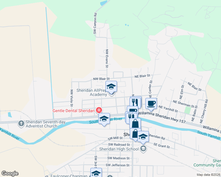 map of restaurants, bars, coffee shops, grocery stores, and more near 411 Northwest Evans Street in Sheridan