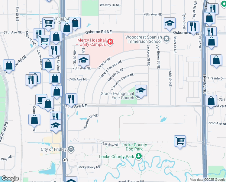 map of restaurants, bars, coffee shops, grocery stores, and more near 7351 Concerto Curve Northeast in Fridley