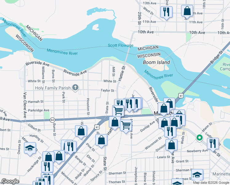 map of restaurants, bars, coffee shops, grocery stores, and more near 301 Hattie St in Marinette