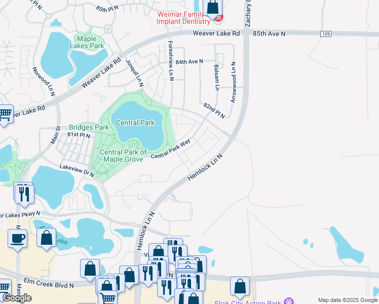 map of restaurants, bars, coffee shops, grocery stores, and more near 8026 Forestview Lane North in Maple Grove