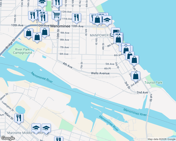 map of restaurants, bars, coffee shops, grocery stores, and more near 500-698 Wells Avenue in Menominee